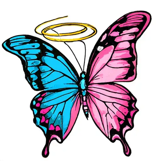 pink and blue butterfly with halo tattoo design idea
