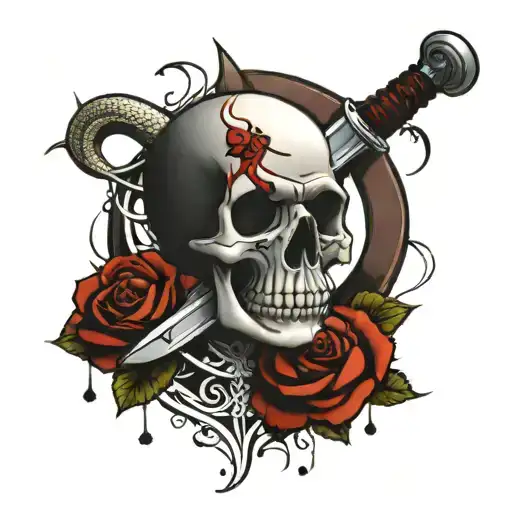 sword skull rose snake blood tattoo design idea