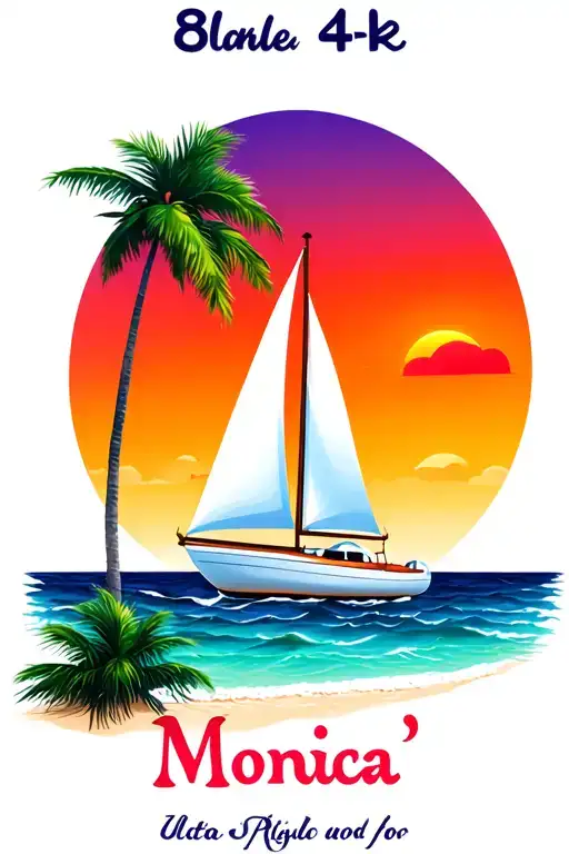 "Monica" white sailboat, ocean, sunrise Above the sun, island palm, beach, text at bottom in bubble letters tattoo design idea