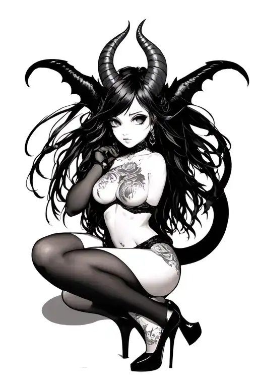 sexy anime succubus with expressive eyes, devil tail and curved horns wearing stockings and high heels tattoo design idea