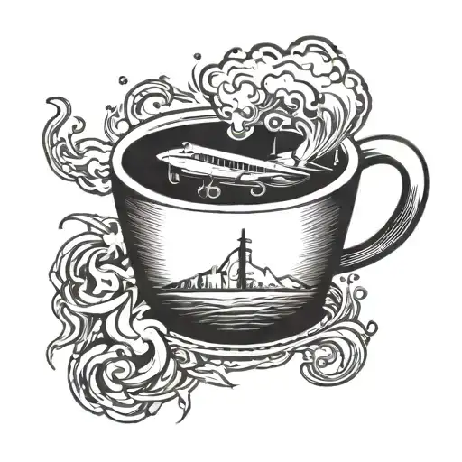 A steaming coffee mug with a small airplane silhouette flying out of it tattoo design idea