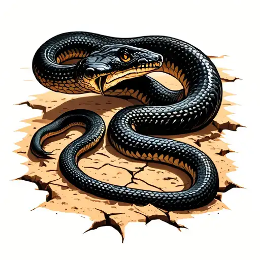 A stylized black mamba snake is spirally screwed around a cracked sand watch and the sand floating tattoo design idea