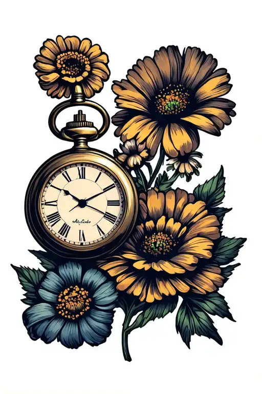 2 Pocket watches surrounded with marigolds and Cosmo flowers.  tattoo design idea