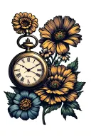 2 Pocket watches surrounded with marigolds and Cosmo flowers.  tattoo design idea