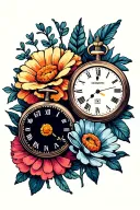 2 Pocket watches surrounded with marigolds and Cosmo flowers.  tattoo design idea