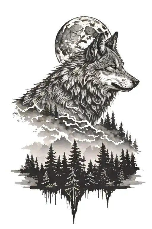 a very angry wolf, a misty forest, a lot of gray shades, a full moon tattoo design idea