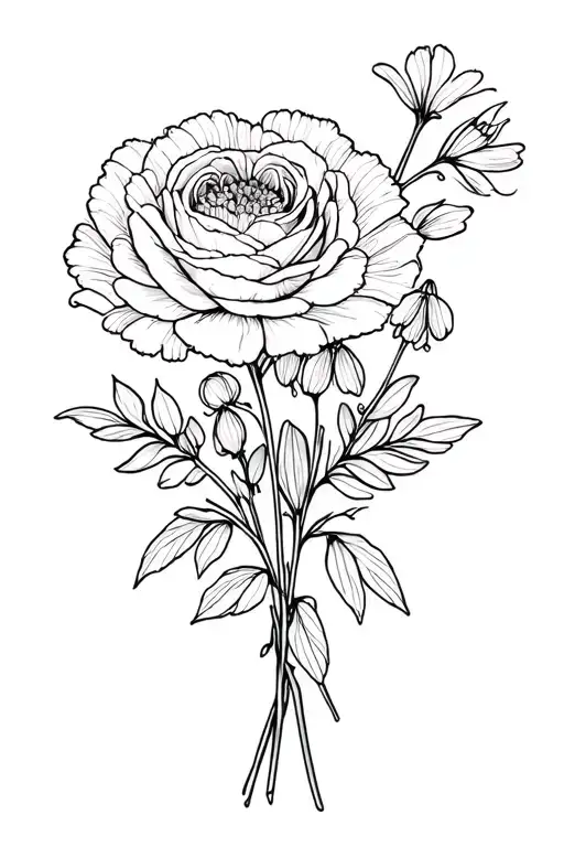 carnation, rose, aster, snowdrop, narcissus flower bouquet tattoo design idea
