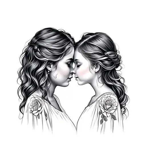 mother and daughter forehead kiss tattoo design idea