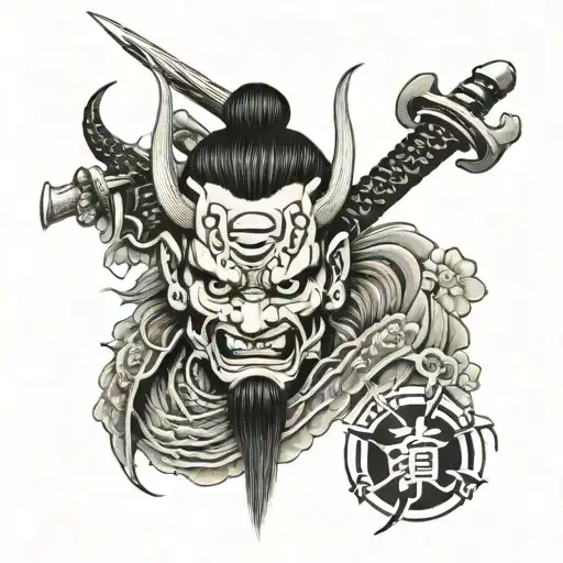 japanese samurai oni mask katana merged tattoo design idea
