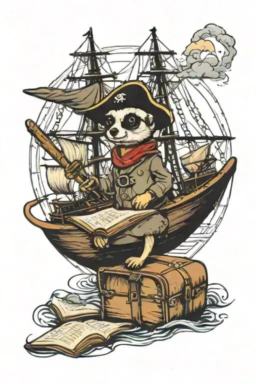 meerkat, books, pirate ship sailing through stormy tattoo design idea
