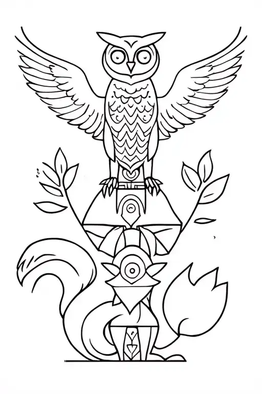 a totem with 3 animals: an owl on top spreading his wings, a fox in the middle and a squirrel on the bottom. single line tattoo design idea