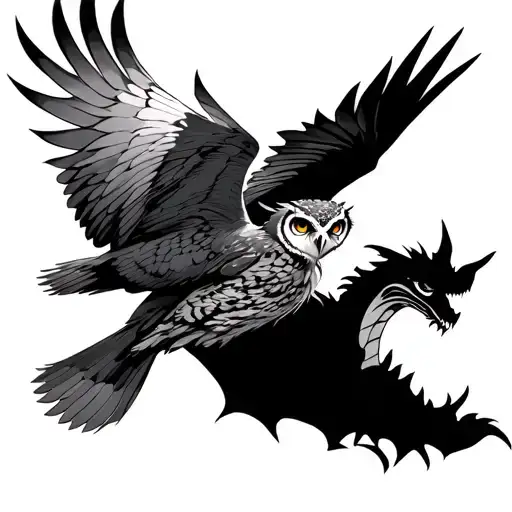 generate me a tattoo, there is a owl flying, the perspective is from above, underneath there is a shadow of a dragon tattoo design idea