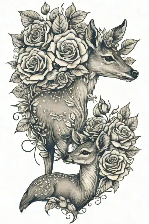 mom and baby deer with roses tattoo design idea