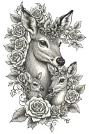 mom and baby deer with roses tattoo design idea