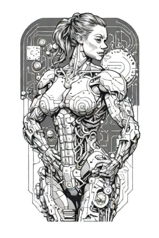 bodybuilder muscular women with technology circuits merging tattoo design idea