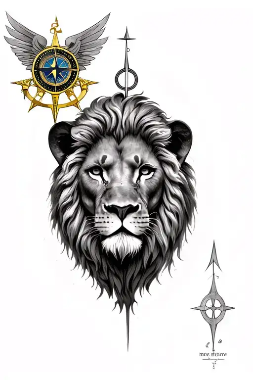 lion's head accompanied by a compass between Mémé tattoo design idea