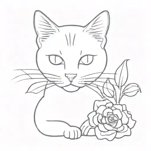 outline of a cat with carnation flowers growing behind it tattoo design idea