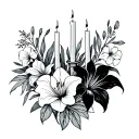 Birth Bouqet. February Minimalist outline design including candlesticks, lilies, iris and primrose. line art. outline tattoo design idea