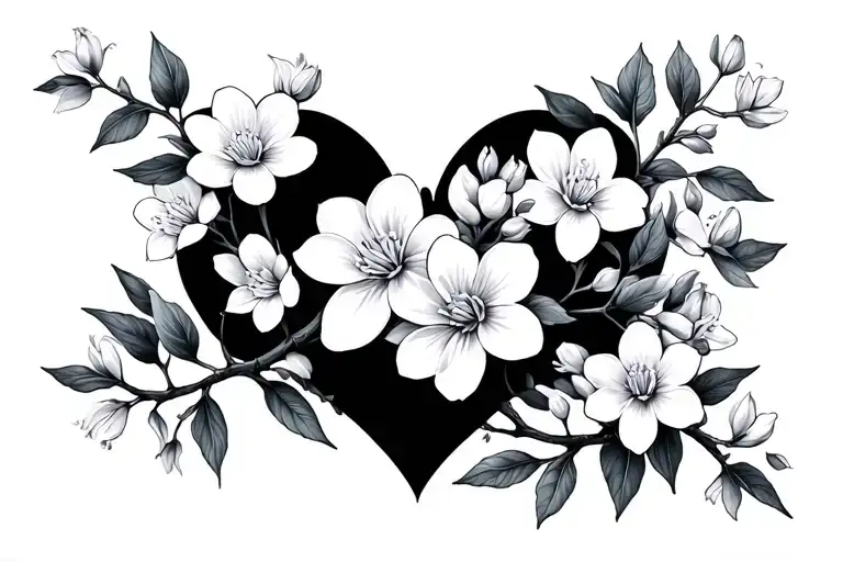A long, winding branch of jasmine flowers with the flowers in various stages of  bloom. The branch resemble a heart tattoo design idea