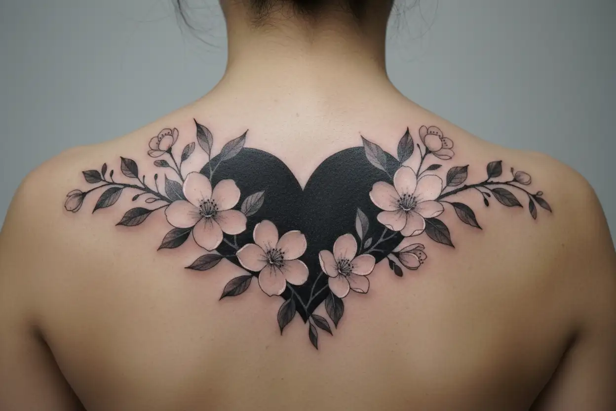 A long, winding branch of jasmine flowers with the flowers in various stages of  bloom. The branch resemble a heart tattoo design idea