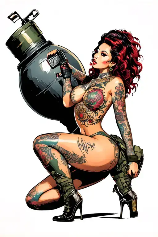 Sexy pin up girl, side profile, full body view, straddling a large bomb, petite, large boobs, Army,  tattoo design idea