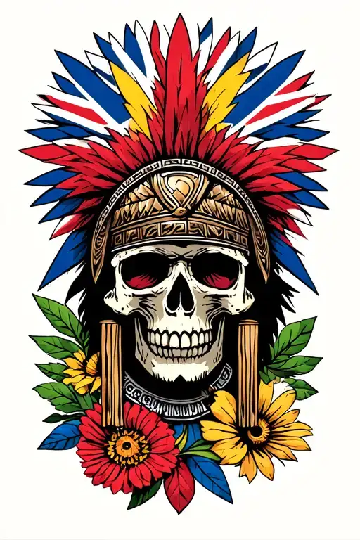 aztec warrior, skull, flower, colombia flag, union jack flag tattoo design idea
