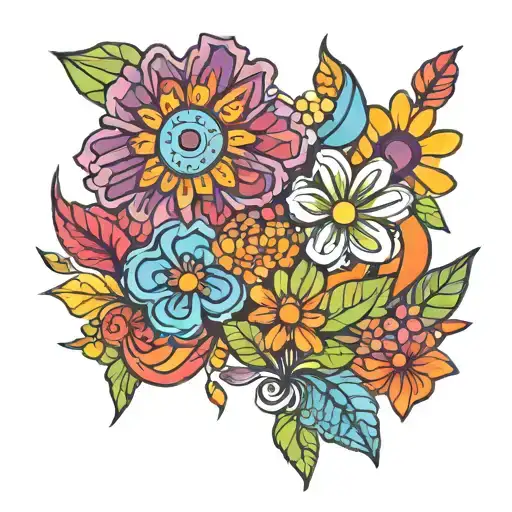 cluster of hippie flowers in pride colors tattoo design idea