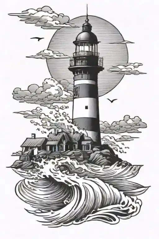 beach scene with lighthouse overlooking tattoo design idea