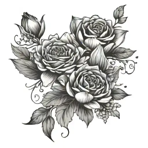 flower bouquet ( rose, waterlily, chrysanthemum and cosmo) tattoo design idea