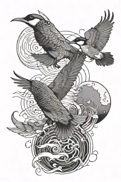 A moon, ocean wave, two sparrows flying in front, with a goose. thin lines connecting each element  tattoo design idea