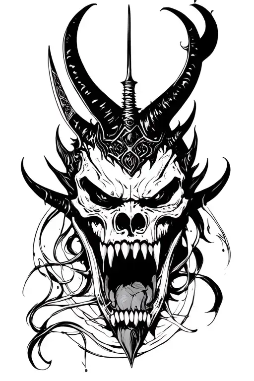 dark, twisted oni demon head with dagger going through top of skull and out jaw. teeth, long jaw, forked tongue tattoo design idea