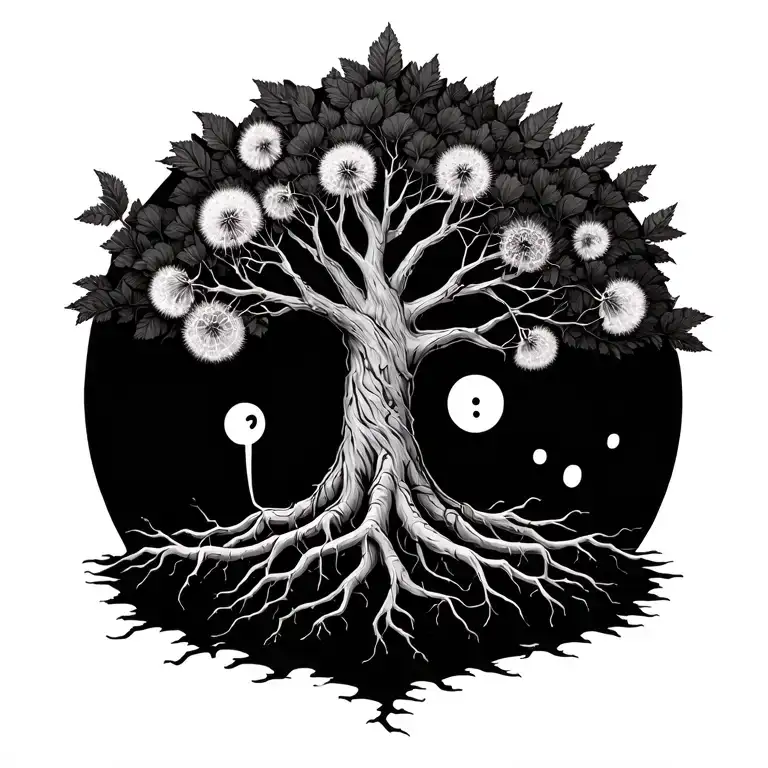tree of life with roots, madusa, dandelion, semicolon tattoo design idea