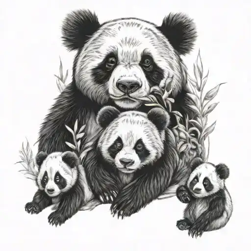 4 baby pandas being defended by adult grizzley bear tattoo design idea