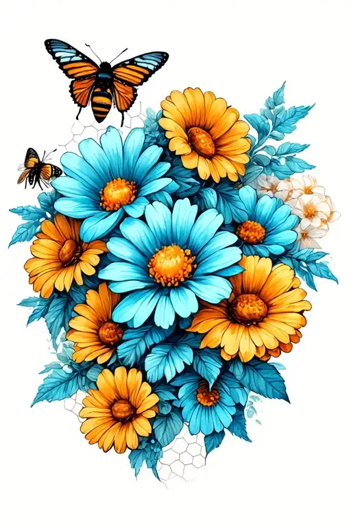 bees honeycomb butterflies flower tattoo design idea