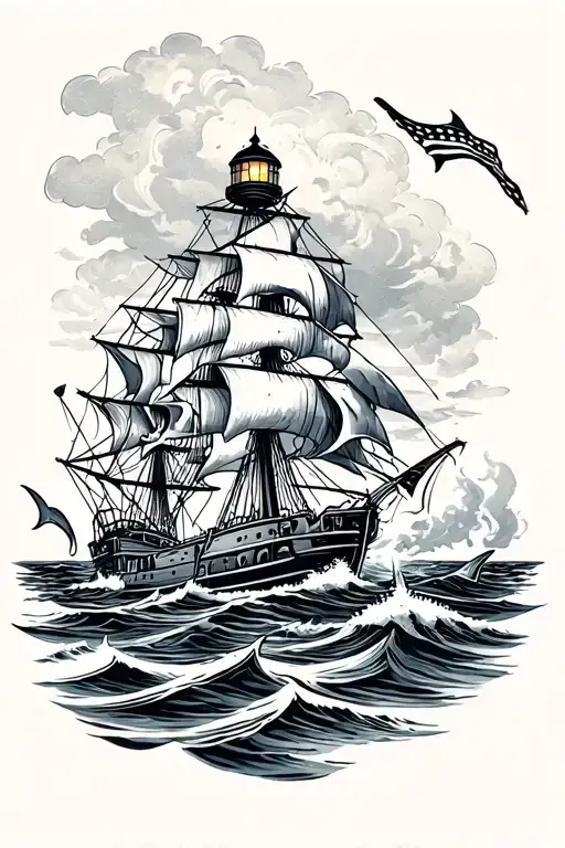 skull, shark, lighthouse and burning ship sailing tattoo design idea