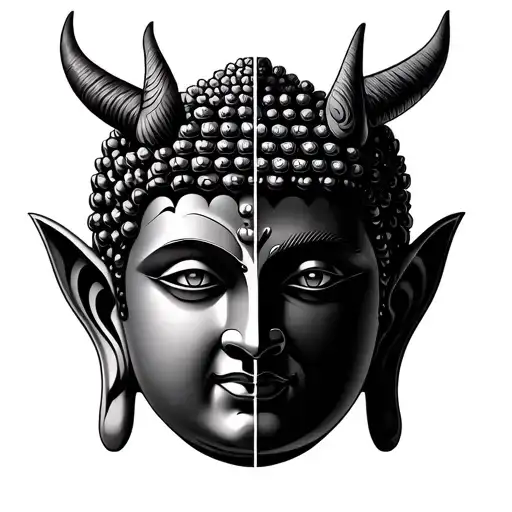 Half buddha and half devil face tattoo design idea