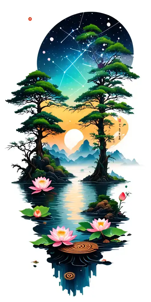 random constellation & layered Japanese landscape of trees,water,bamboo,scattered lotuses,and wood mechanical gears. tattoo design idea