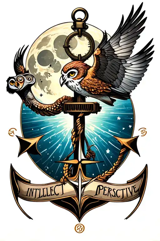 conceptual tattoo with an anchor, compass, owl flying, with the moon, and the words "intellect" and "persective" tattoo design idea