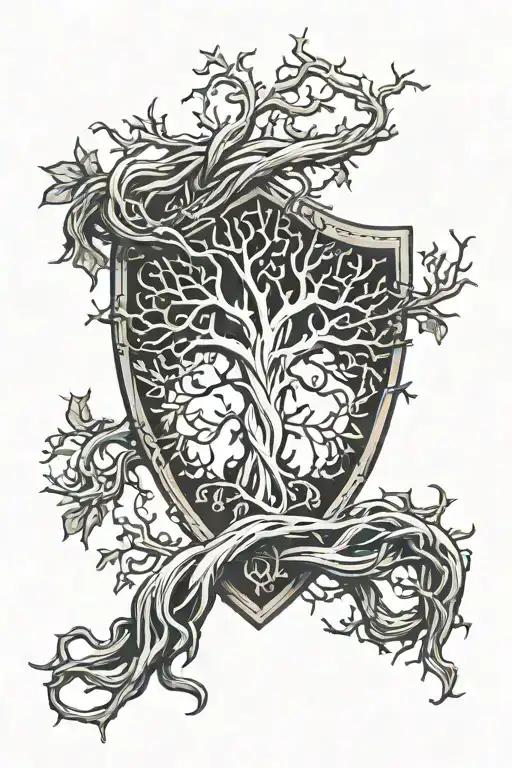 eldritch inspired tree of life knot shaped like a shield and thick branches growing out of it reaching out for shoulder tattoo design idea