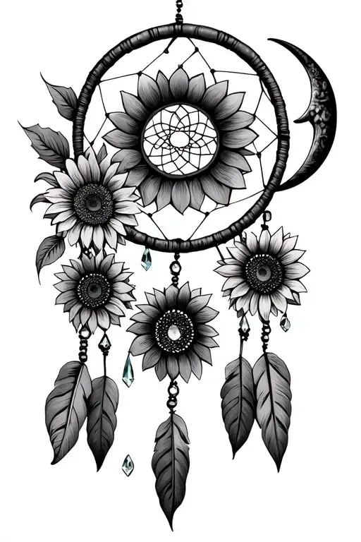 dreamcatcher with sunflowers crystals and a crescent moon tattoo design idea