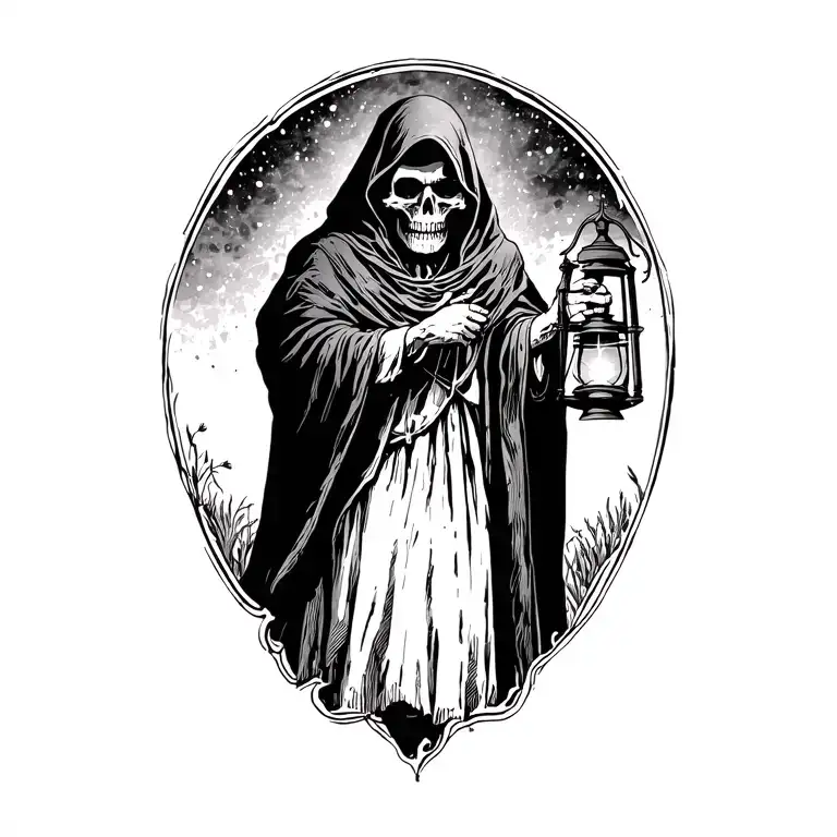 The hermit tarot walking sideways in darkness holding a lantern thats emitting light. Skull face cloaked in hood tattoo design idea