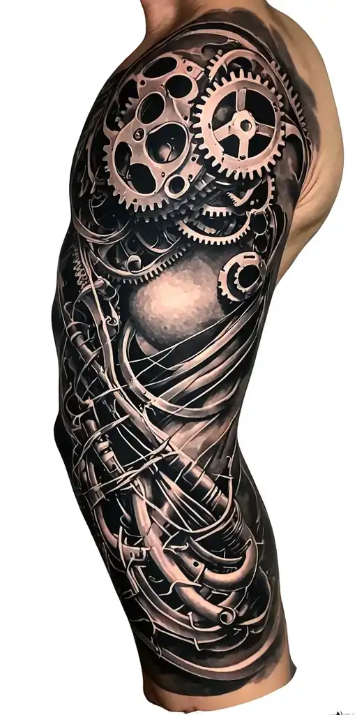 metal parts, gears, pipes, wires, torn skin effect,  realism, black and gray color scheme. On arm tattoo design idea
