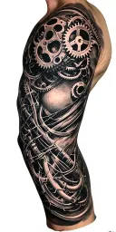 metal parts, gears, pipes, wires, torn skin effect,  realism, black and gray color scheme. On arm tattoo design idea