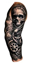 metal parts, gears, pipes, wires, torn skin effect,  realism, black and gray color scheme. On arm tattoo design idea