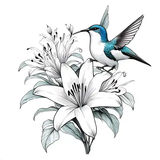 lilies, jasmine, colibri gracefully perched tattoo design idea