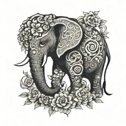 elephant wrapped in flower vine winding tattoo design idea