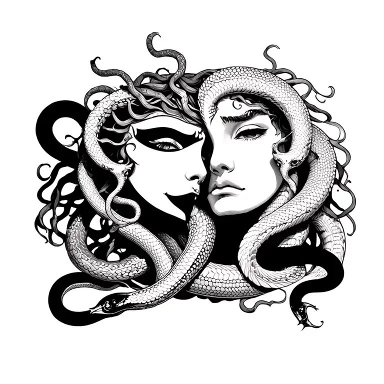 medusa with mask half happy half sad and two snakes tattoo design idea