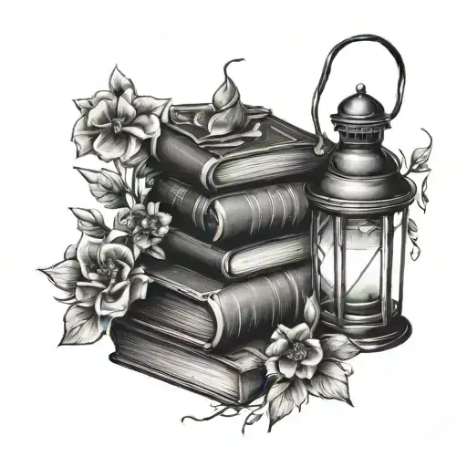 Gothic stack books and lantern and wildflowers growing tattoo design idea