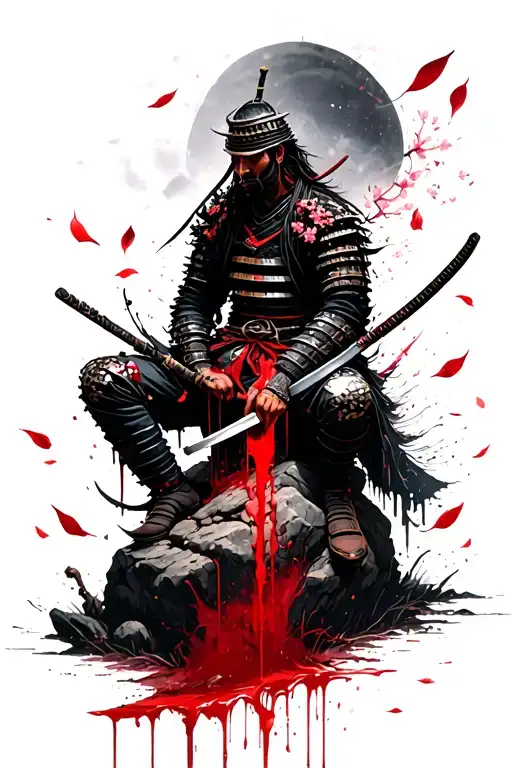 samurai sits on a rock and pierced himself with wakizashi blood is ticking from the stone sakura petals are falling on t tattoo design idea