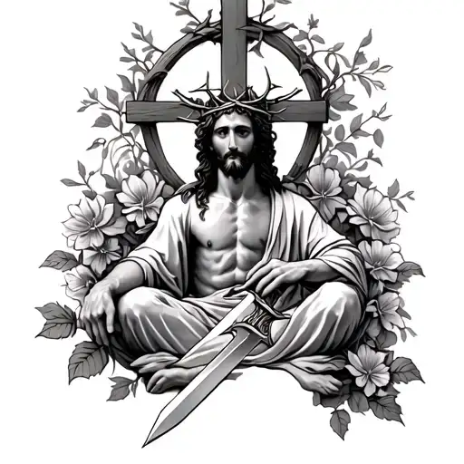 jesus wearing a thorn crown with archangle micheal holding a dagger sitting down below, with a cross, vines, flowers tattoo design idea